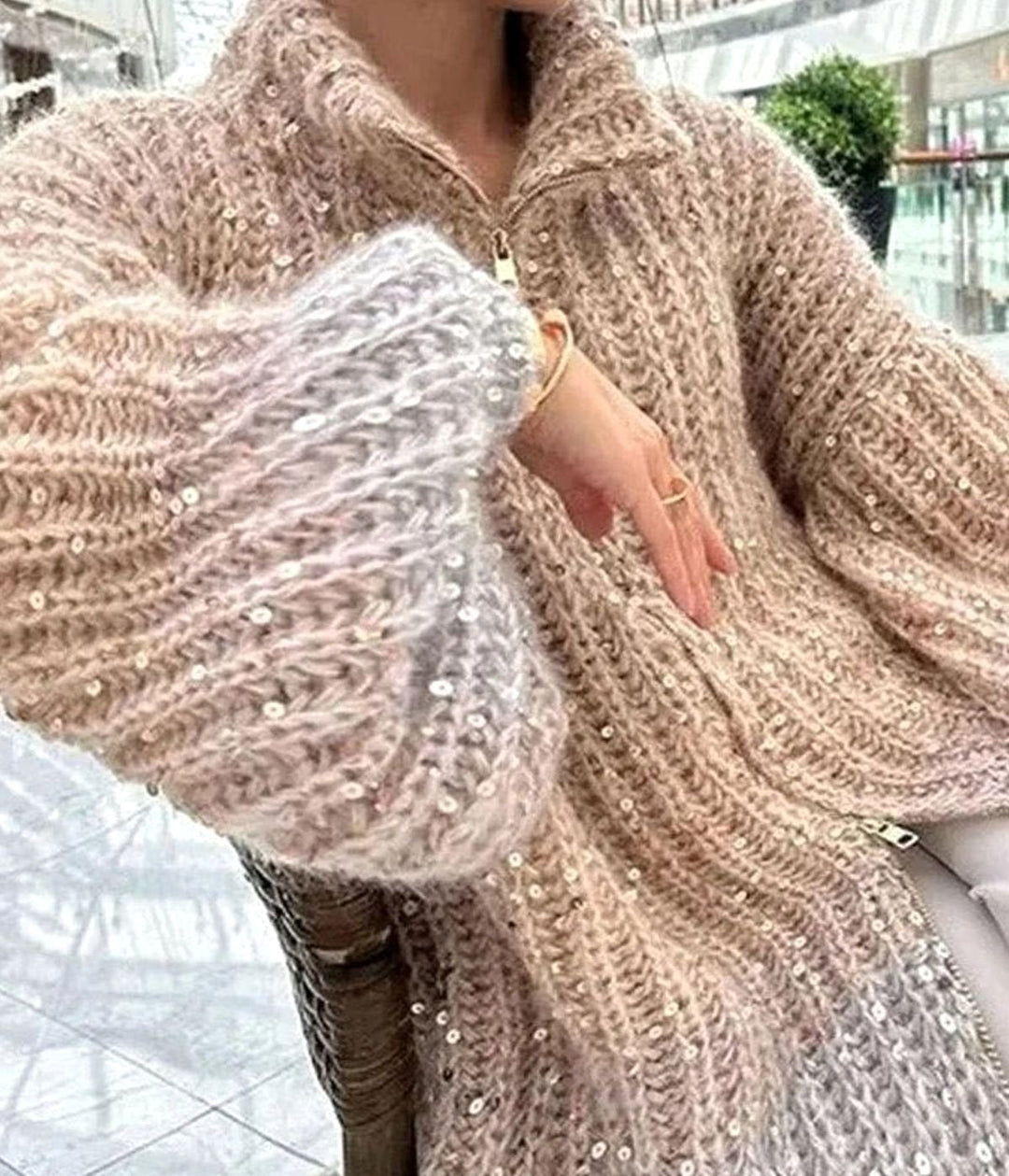 Women's Oversized Sequin Zip-Neck Chunky Knit Cardigan Sweater