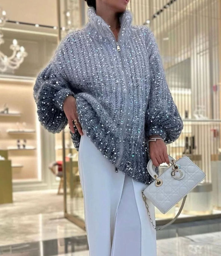 Women's Oversized Sequin Zip-Neck Chunky Knit Cardigan Sweater - Gray Gradient