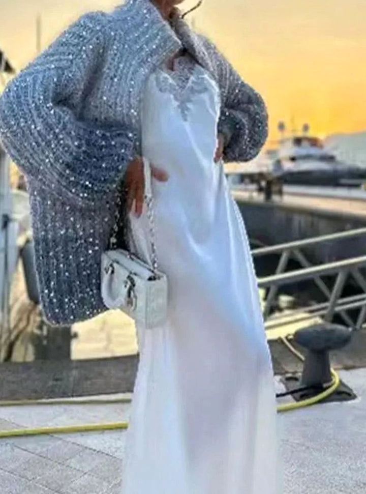 Women's Oversized Sequin Zip-Neck Chunky Knit Cardigan Sweater