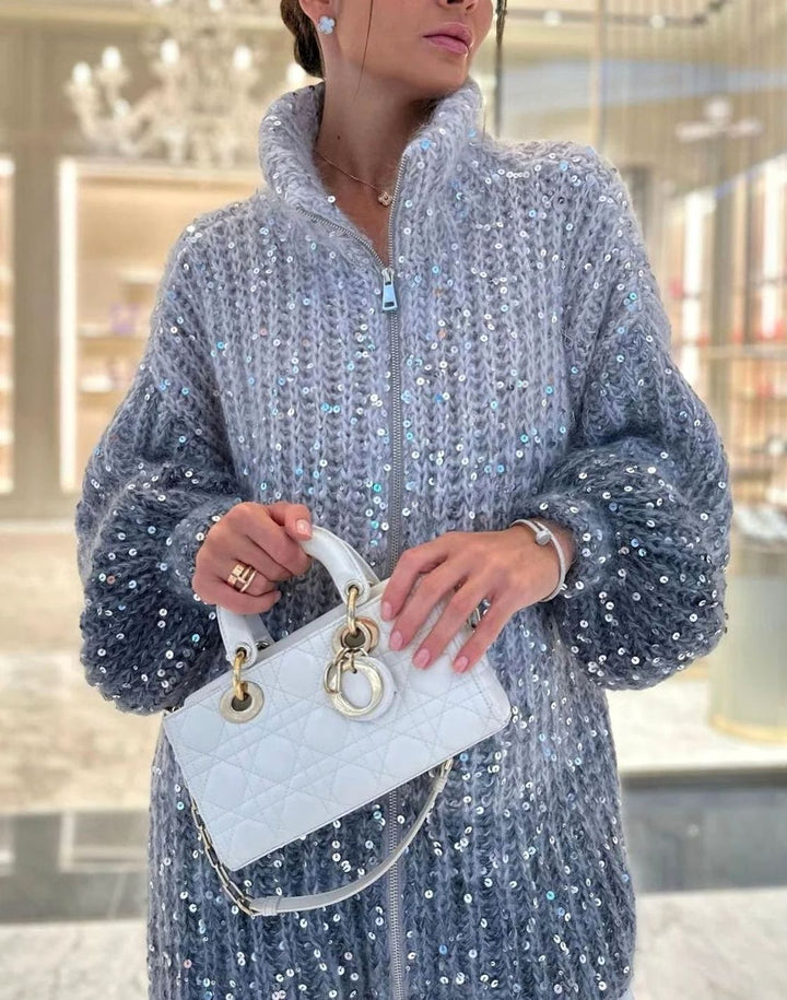 Women's Oversized Sequin Zip-Neck Chunky Knit Cardigan Sweater