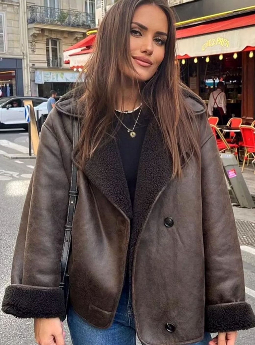 Women's Oversized Sherpa-Lined Double-Breasted Jacket - Brown