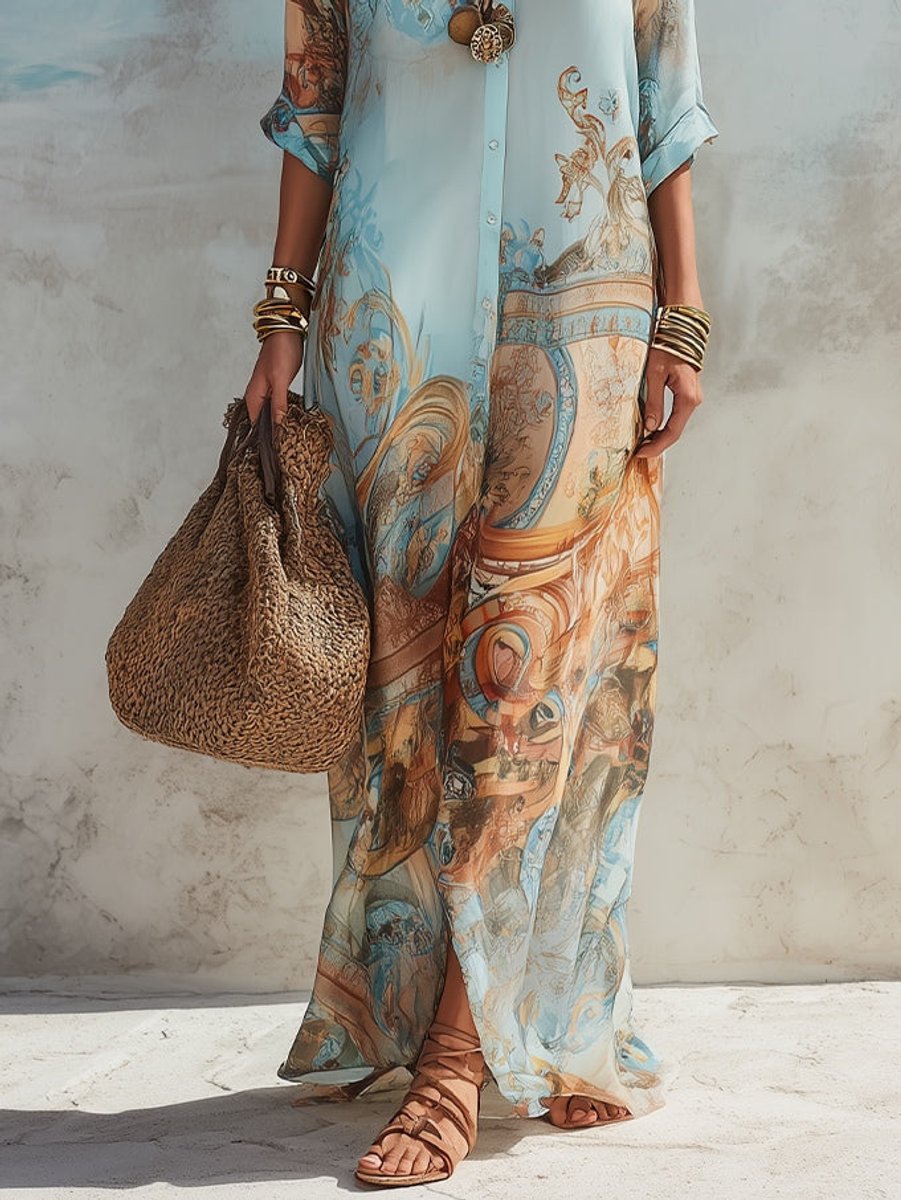 Women's Paisley Print Button-Through Maxi Shirt Dress