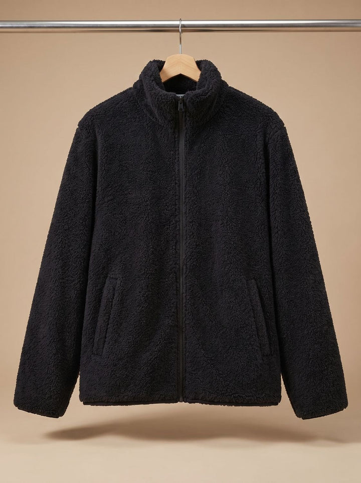 Women's Plush Full-Zip Fleece Jacket Stand Collar - Black