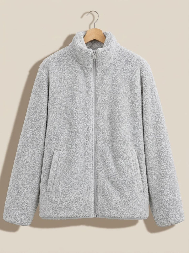 Women's Plush Full-Zip Fleece Jacket Stand Collar - Light Gray