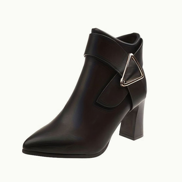 Women's Pointed-Toe Block Heel Ankle Boots Buckle Detail - Black