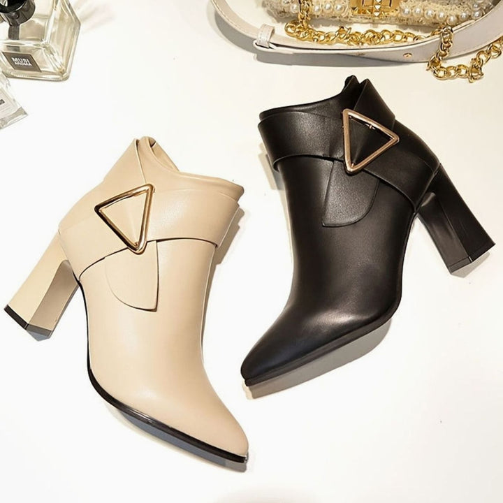 Women's Pointed-Toe Block Heel Ankle Boots Buckle Detail