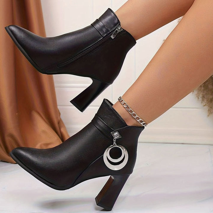 Women's Pointed-Toe Block Heel Ankle Boots Buckle Detail