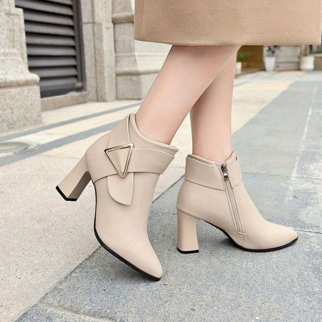 Women's Pointed-Toe Block Heel Ankle Boots Buckle Detail
