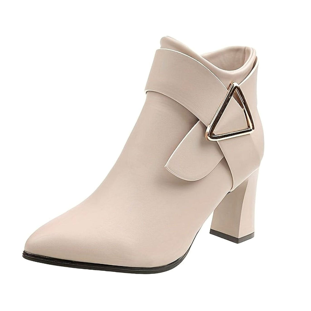 Women's Pointed-Toe Block Heel Ankle Boots Buckle Detail - Beige
