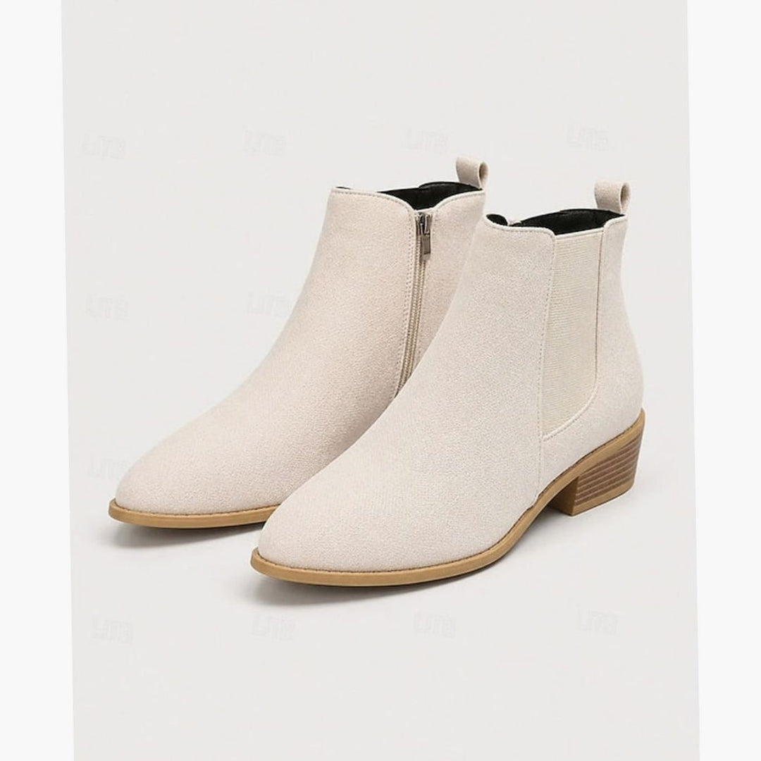 Women's Pointed-Toe Block Heel Side-Zip Chelsea Ankle Boots - Beige