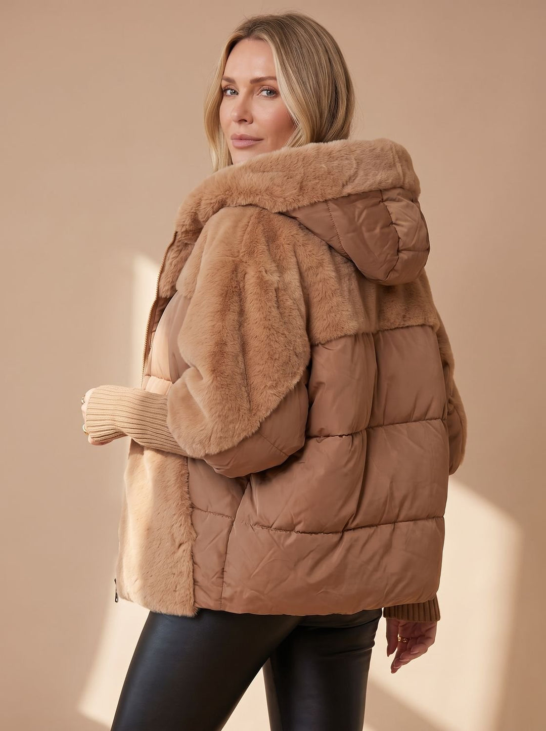 Women's Quilted Faux Fur Hooded Puffer Winter Jacket