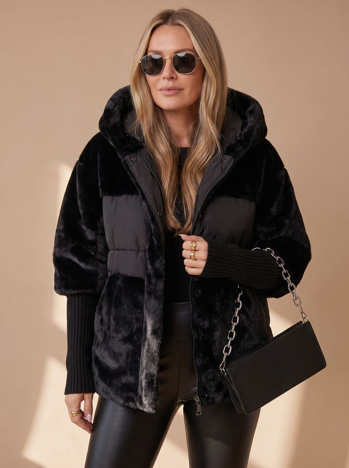 Women's Quilted Faux Fur Hooded Puffer Winter Jacket - Black