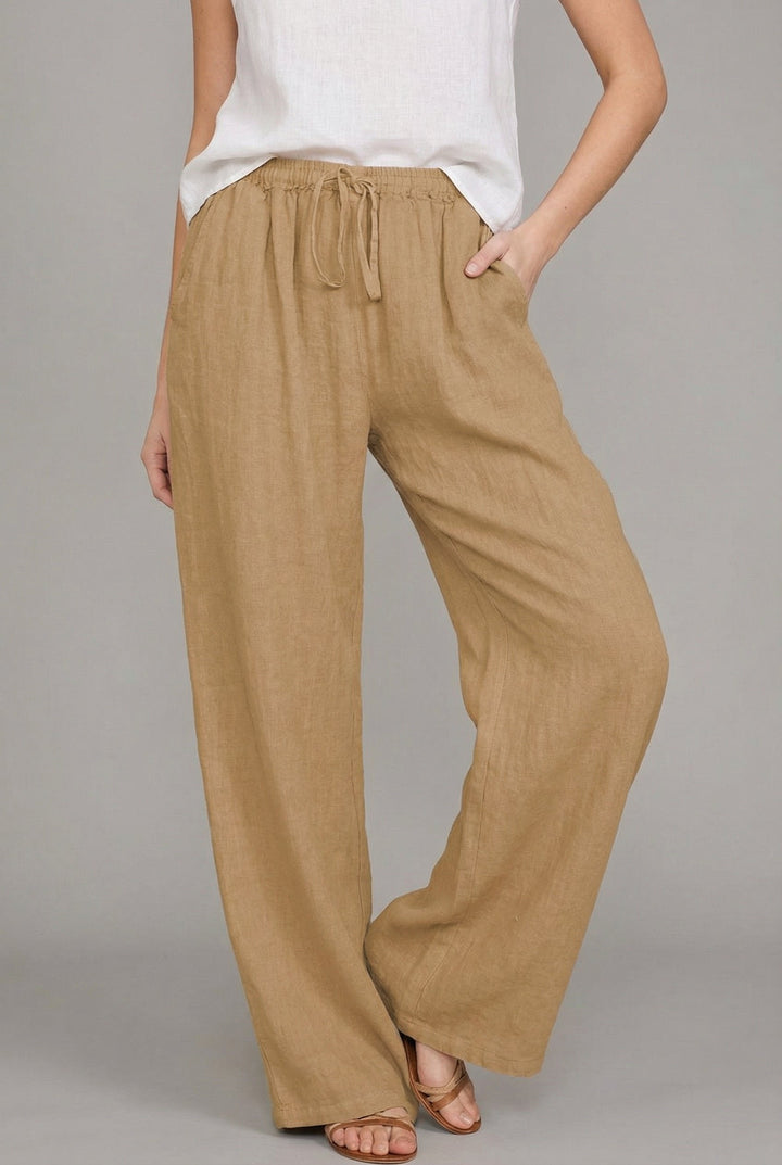 Women's Relaxed Drawstring Wide Leg Pants Linen Summer - Khaki