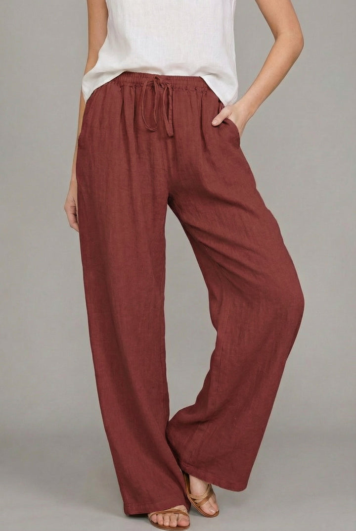 Women's Relaxed Drawstring Wide Leg Pants Linen Summer - Wine Red
