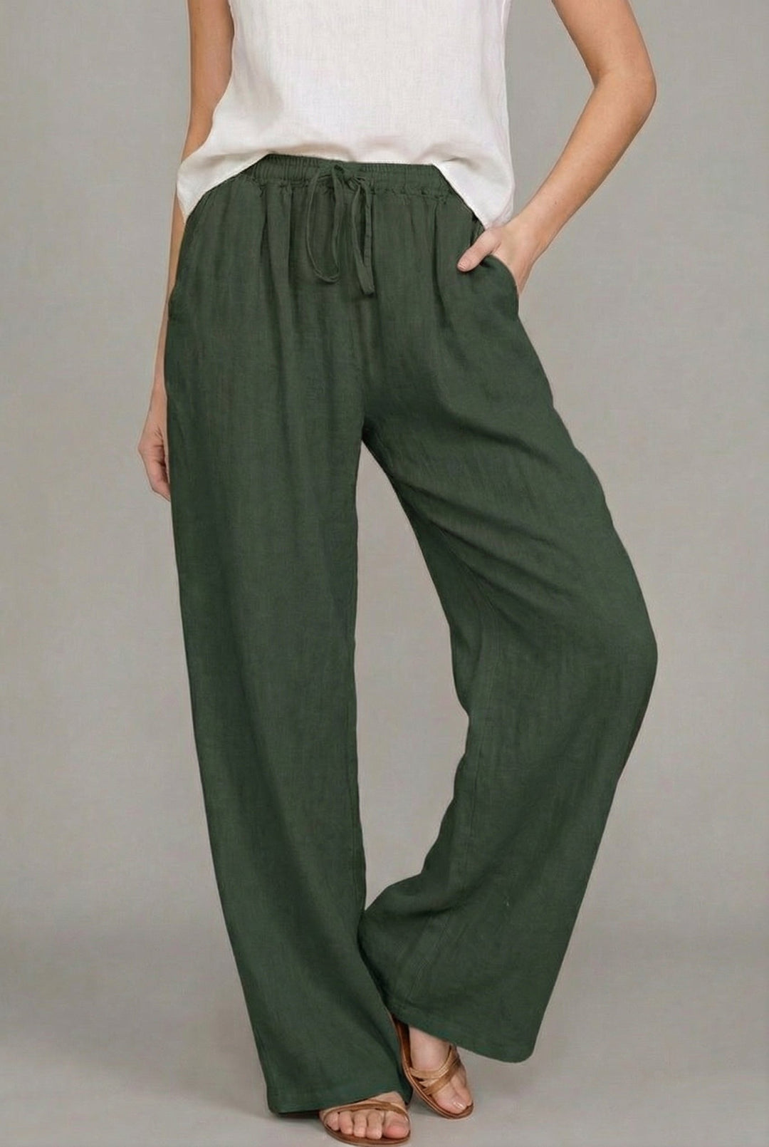 Women's Relaxed Drawstring Wide Leg Pants Linen Summer - Green