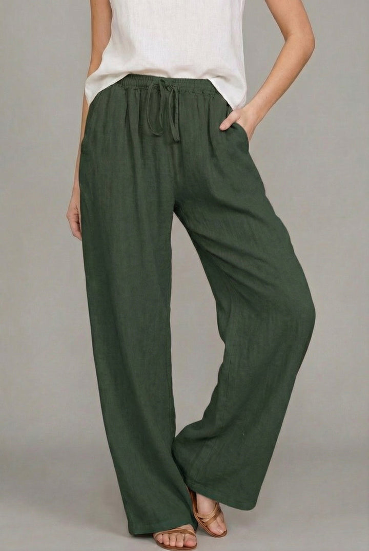 Women's Relaxed Drawstring Wide Leg Pants Linen Summer - Green