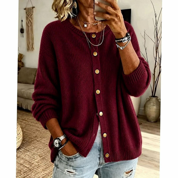 Women's Relaxed-Fit Button-Front Crew Neck Knit Cardigan - Red
