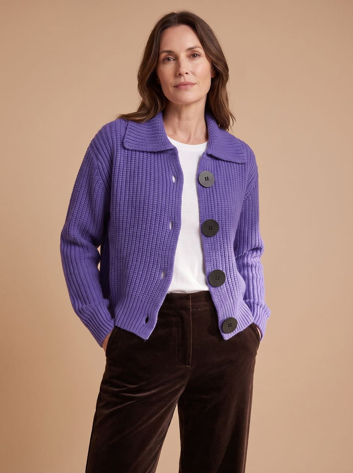 Women's Relaxed-Fit Ribbed Knit Folded-Collar Pullover Sweater - Purple