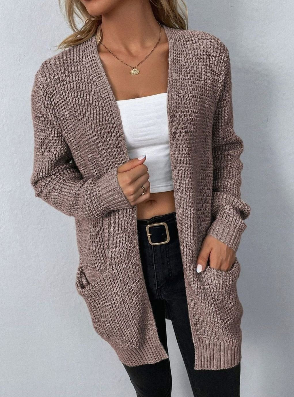 Women's Relaxed Open-Front Long Knit Cardigan - Light Pink