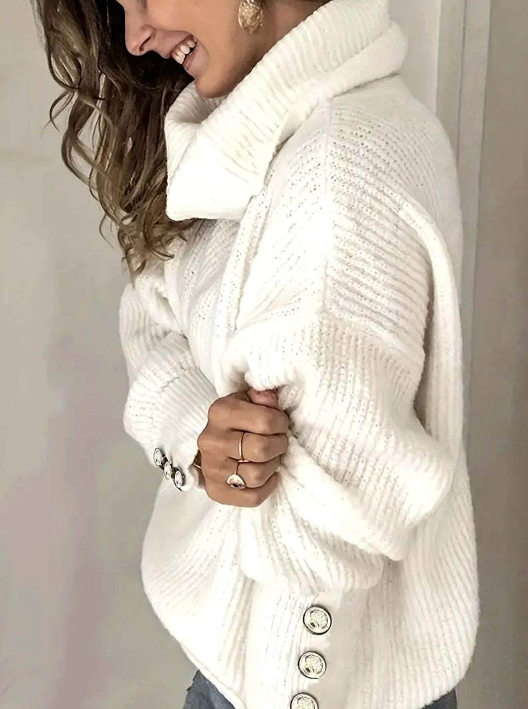 Women's Ribbed Cowl Neck Sweater Button-Cuff Knit Jumper