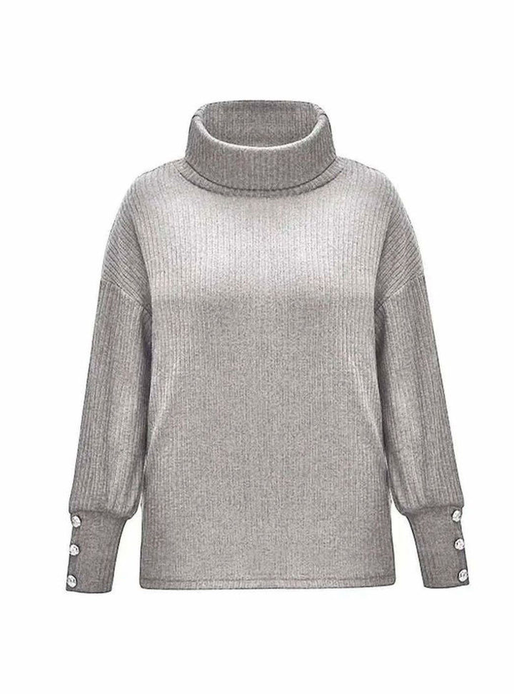 Women's Ribbed Cowl Neck Sweater Button-Cuff Knit Jumper