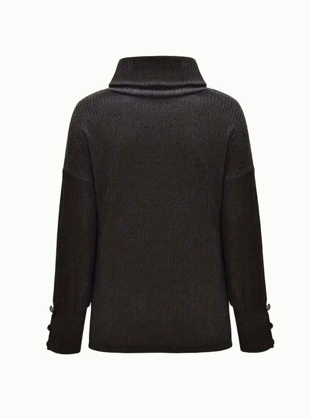 Women's Ribbed Cowl Neck Sweater Button-Cuff Knit Jumper