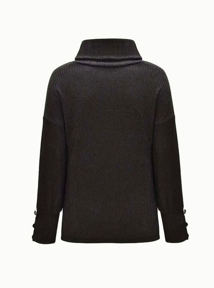 Women's Ribbed Cowl Neck Sweater Button-Cuff Knit Jumper