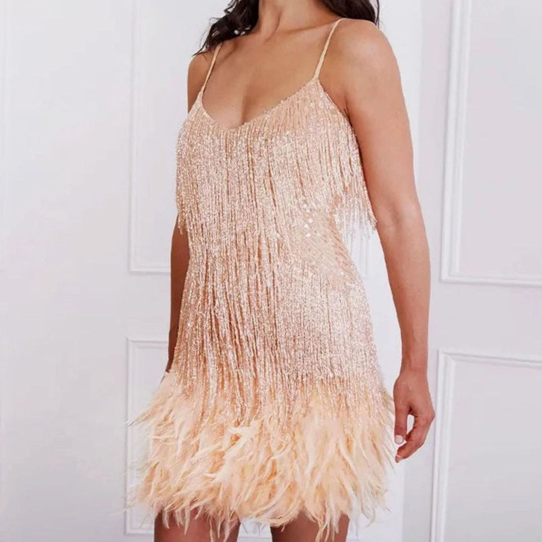 Women's Sequin Fringe Feather Trim Slip Cocktail Dress - Beige