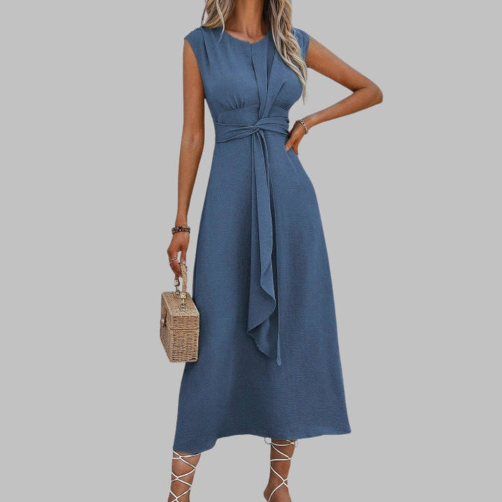 Women's Sleeveless Round-Neck Tie-Waist A-Line Midi Dress - Blue
