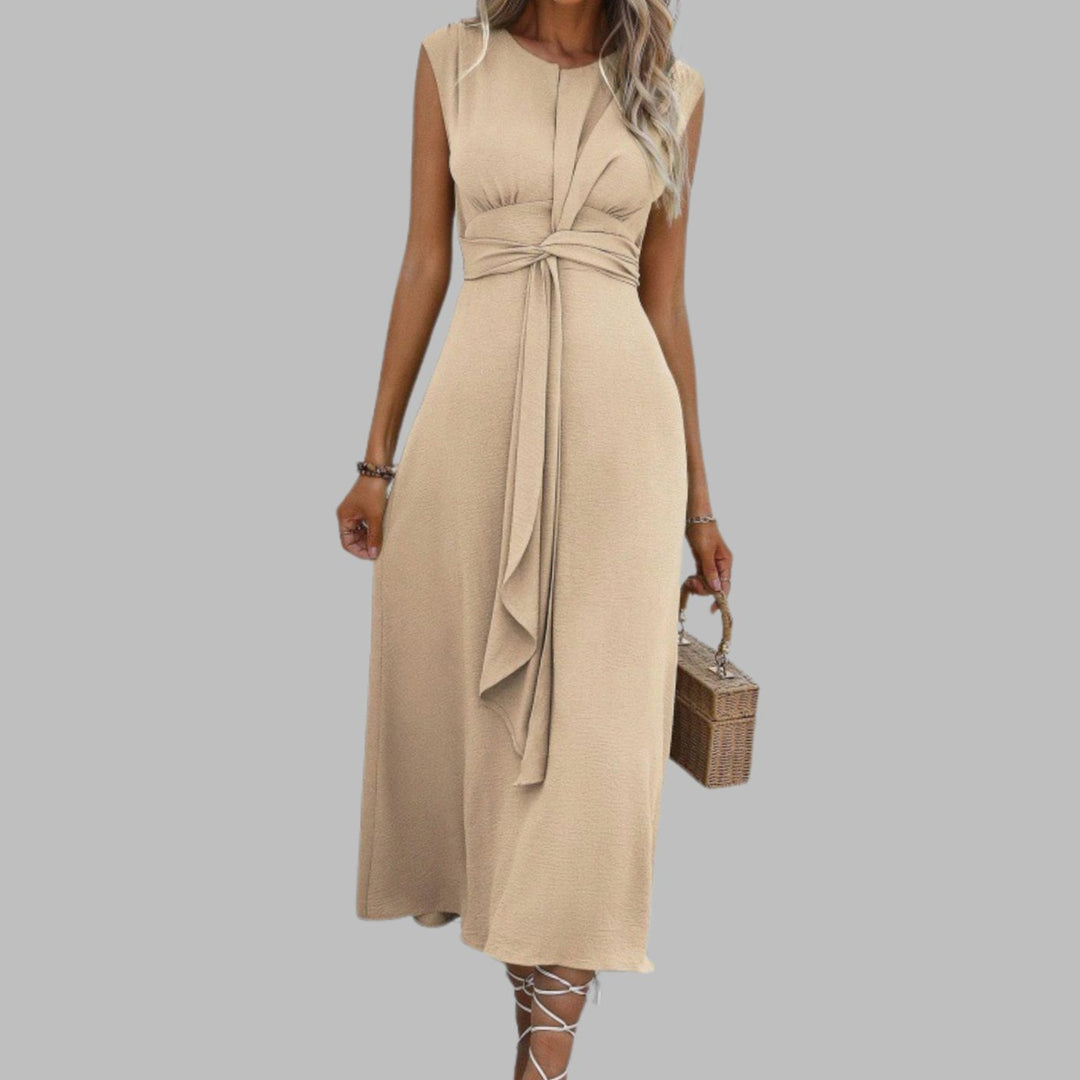 Women's Sleeveless Round-Neck Tie-Waist A-Line Midi Dress - Apricot