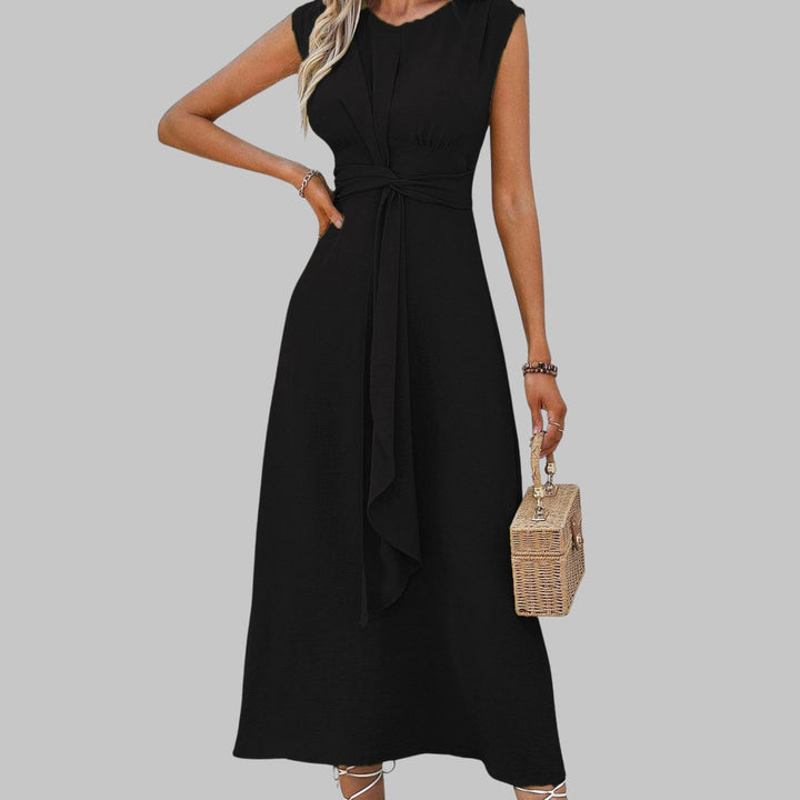 Women's Sleeveless Round-Neck Tie-Waist A-Line Midi Dress - Black