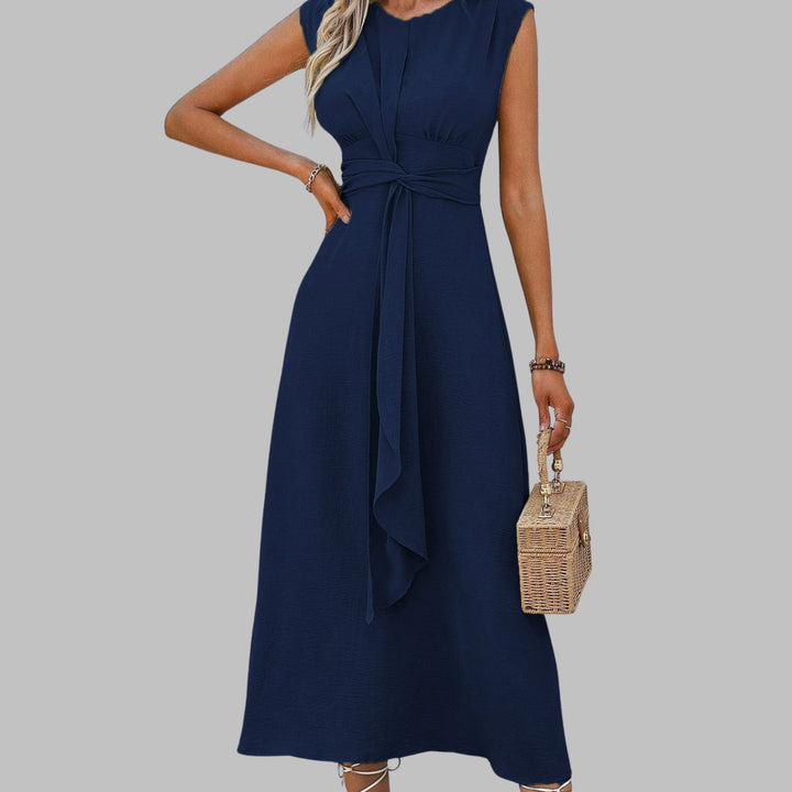 Women's Sleeveless Round-Neck Tie-Waist A-Line Midi Dress - Dark Blue