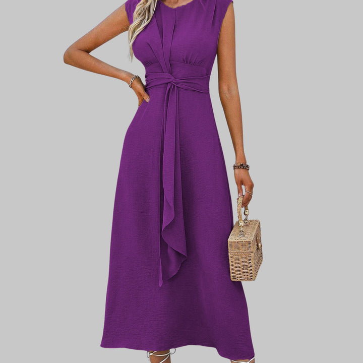 Women's Sleeveless Round-Neck Tie-Waist A-Line Midi Dress - Purple