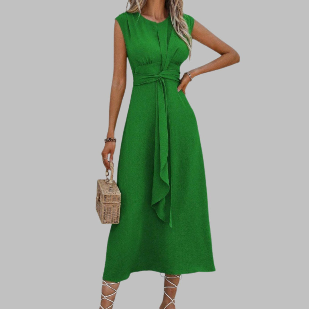 Women's Sleeveless Round-Neck Tie-Waist A-Line Midi Dress - Green