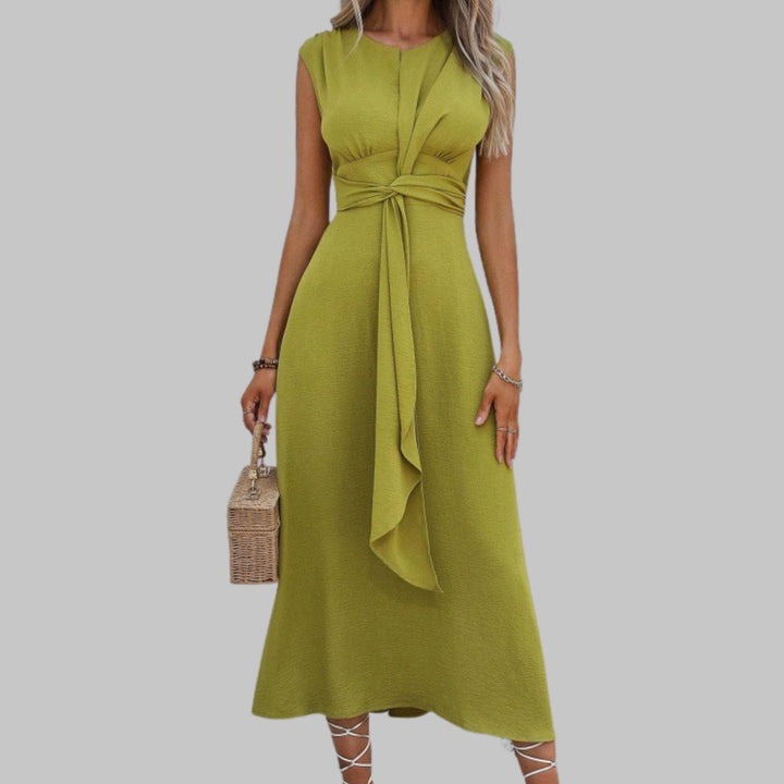 Women's Sleeveless Round-Neck Tie-Waist A-Line Midi Dress - Yellow