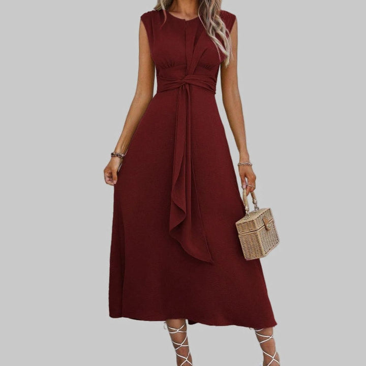 Women's Sleeveless Round-Neck Tie-Waist A-Line Midi Dress - Maroon