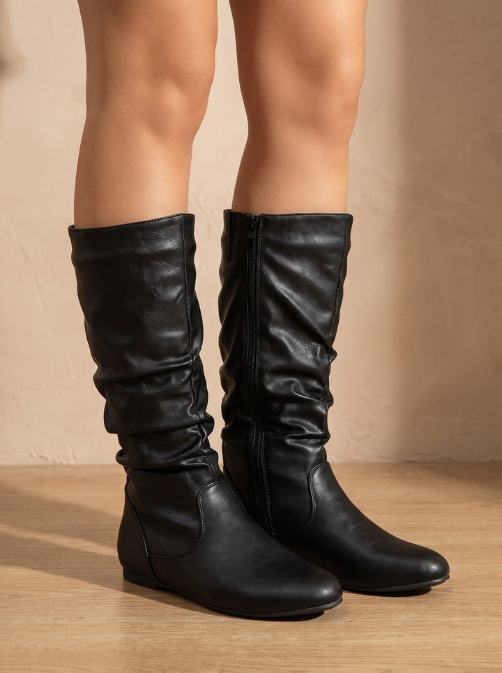 Women's Slouchy Flat Knee High Boots Round Toe Side Zip - Black