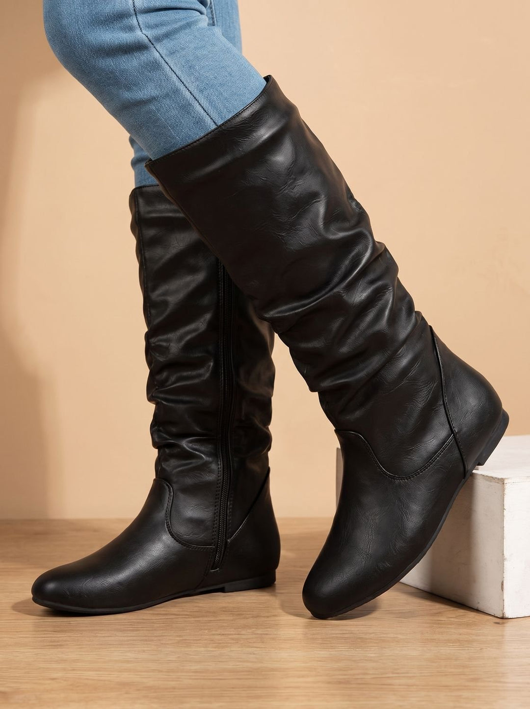 Women's Slouchy Flat Knee High Boots Round Toe Side Zip