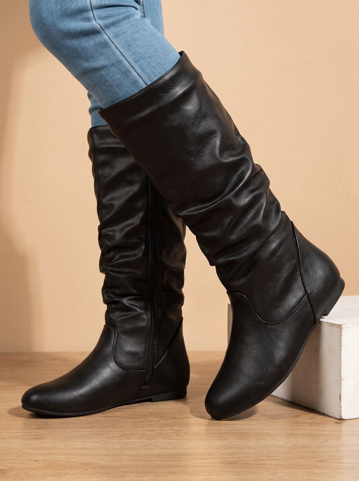 Women's Slouchy Flat Knee High Boots Round Toe Side Zip