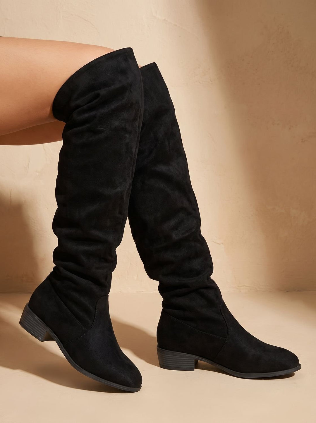 Women's Slouchy Over-the-Knee High Boots Pointed Toe Low Stacked Heel