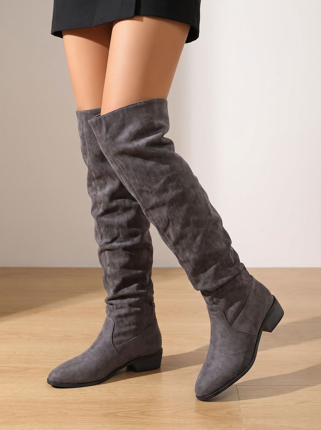 Women's Slouchy Over-the-Knee High Boots Pointed Toe Low Stacked Heel