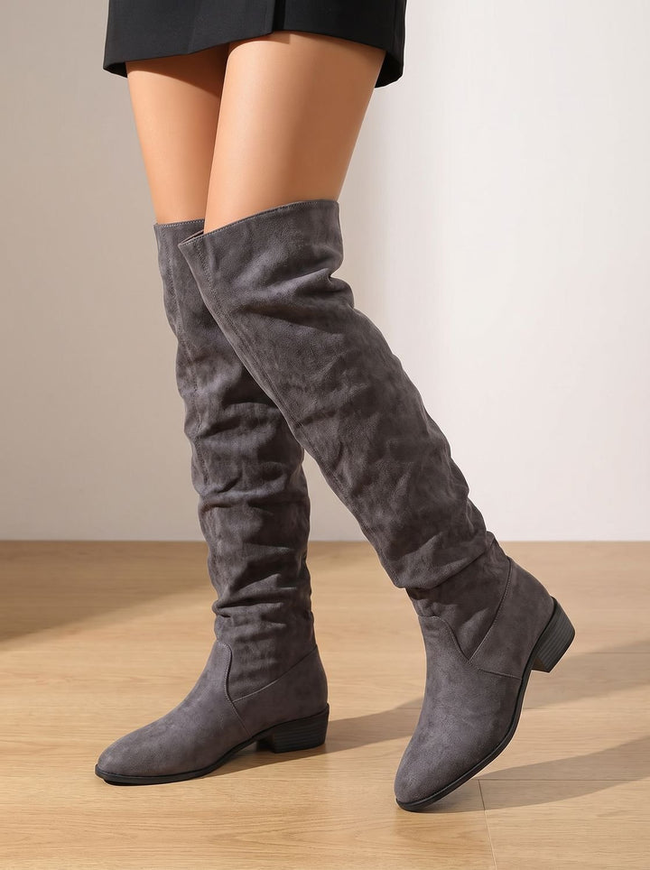 Women's Slouchy Over-the-Knee High Boots Pointed Toe Low Stacked Heel