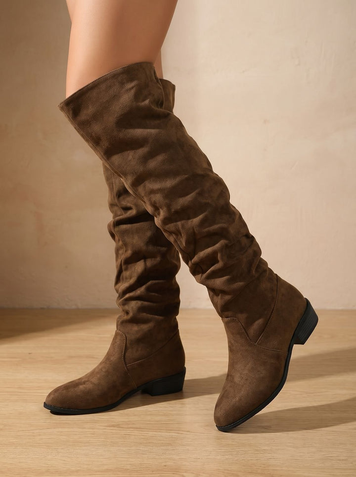 Women's Slouchy Over-the-Knee High Boots Pointed Toe Low Stacked Heel - Khaki