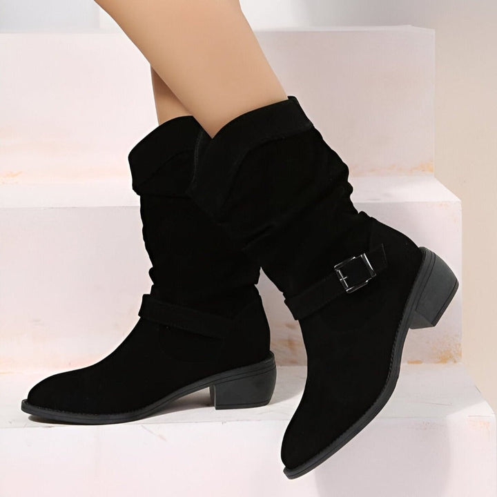 Women's Slouchy Suede Mid-Calf Knee High Boots Block Heel - Black