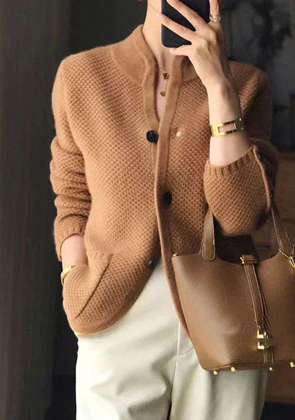Women's Stand-Collar Button-Up Knit Cardigan Sweater - Camel