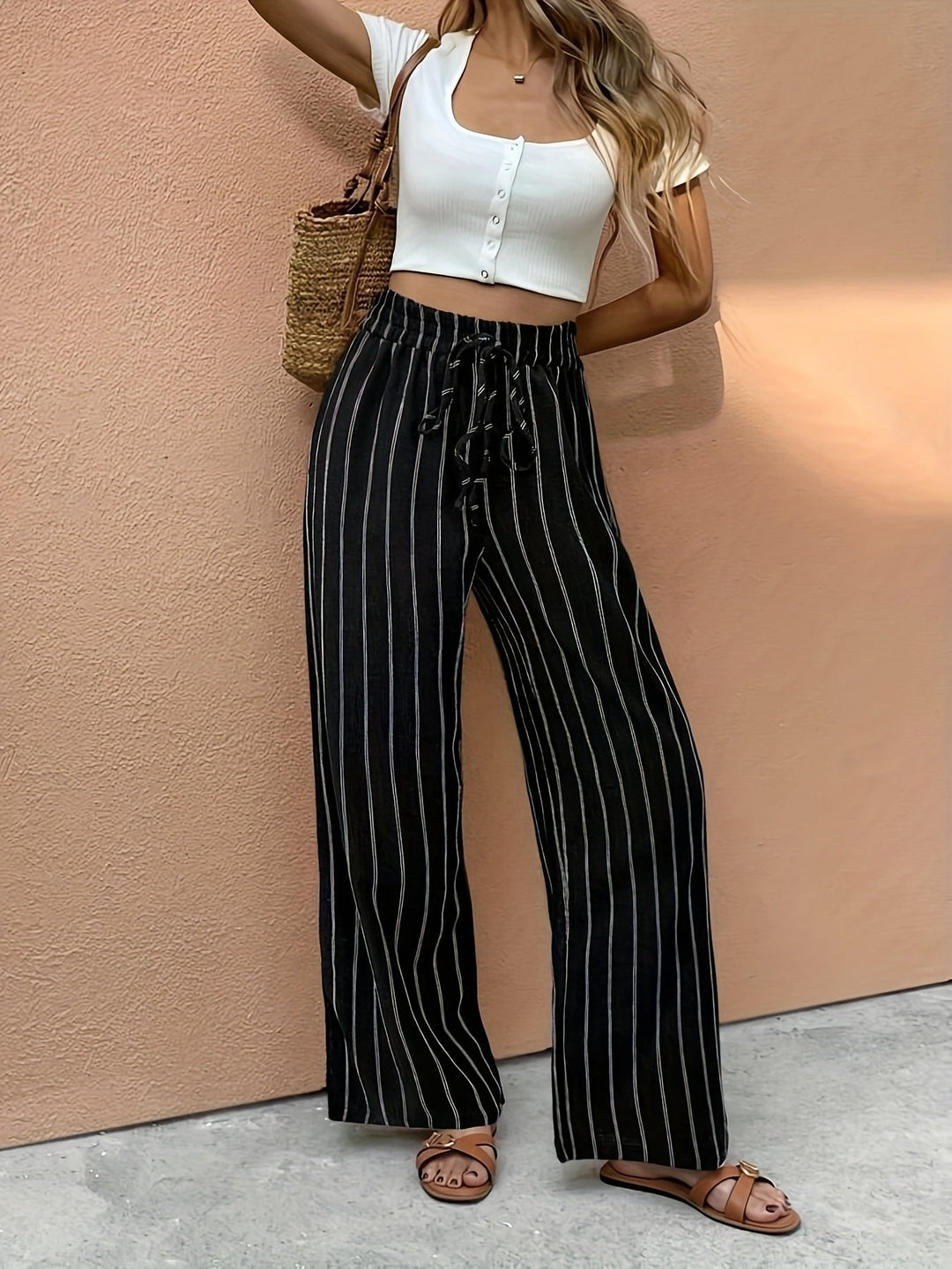 Women's Striped High-Waist Drawstring Wide Leg Pants - Black