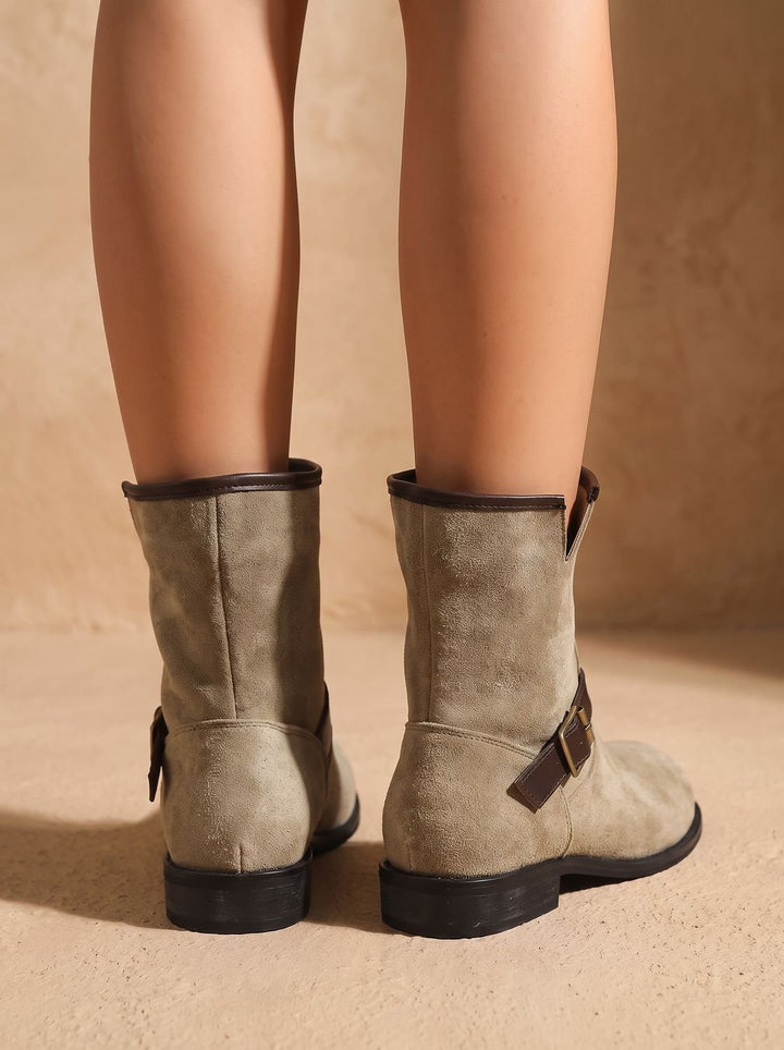 Women's Suede Slip-On Ankle Boots Buckle Strap Block Heel