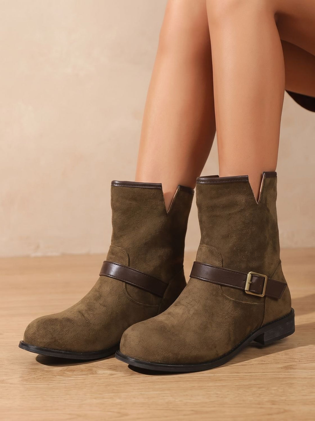 Women's Suede Slip-On Ankle Boots Buckle Strap Block Heel - Dark Brown