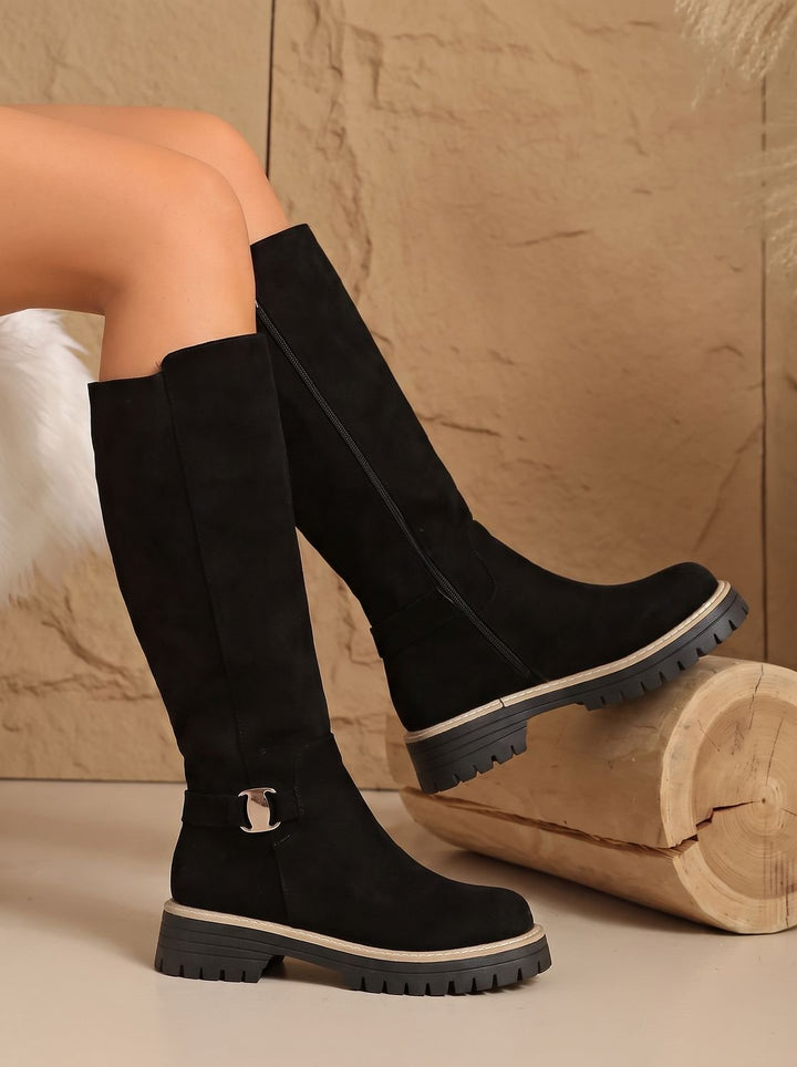 Women's Suede-Style Buckle Accent Side-Zip Knee High Boots - Black