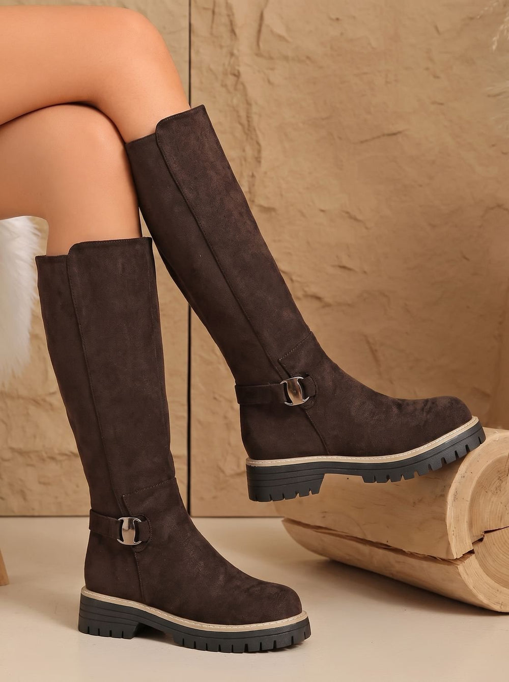 Women's Suede-Style Buckle Accent Side-Zip Knee High Boots